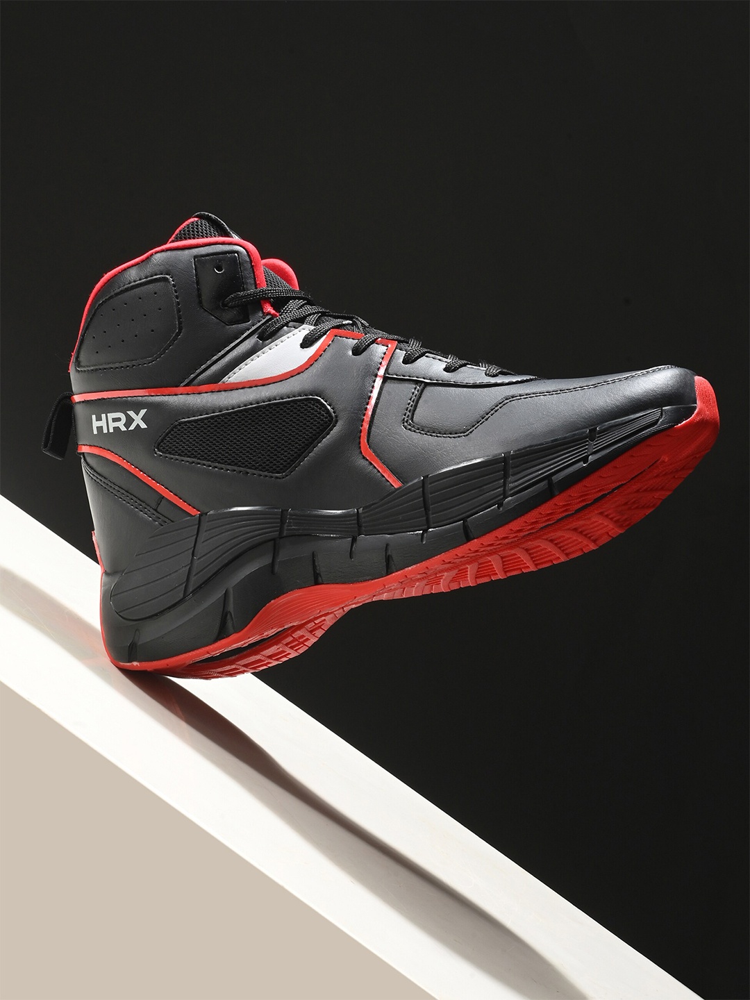

HRX by Hrithik Roshan Men Black & Red Rebound Mid Top Colourblocked Comfort Sneakers