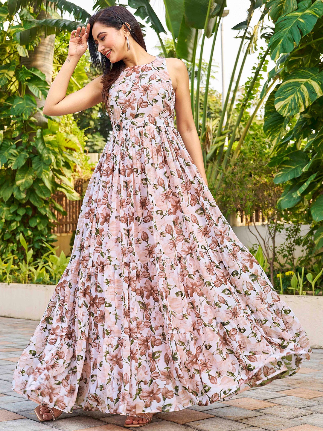 

Chandbaali Floral Printed Georgette Maxi Fit and Flare Dress, Peach