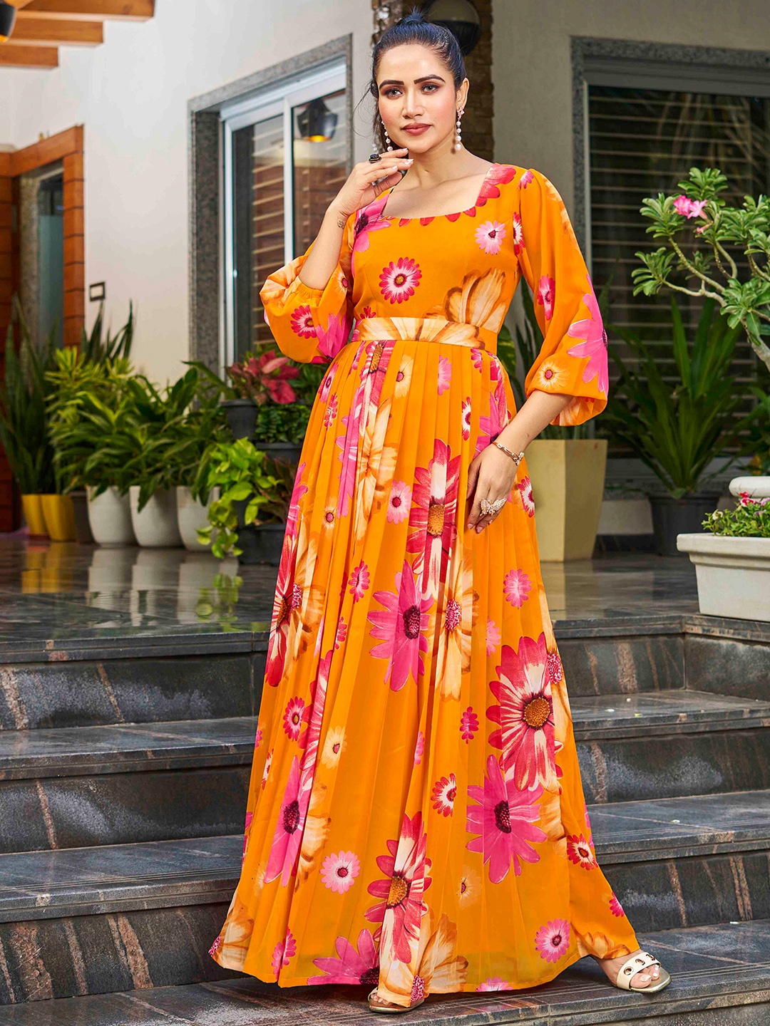 

Chandbaali Floral Printed Georgette Maxi Fit and Flare Dress, Mustard