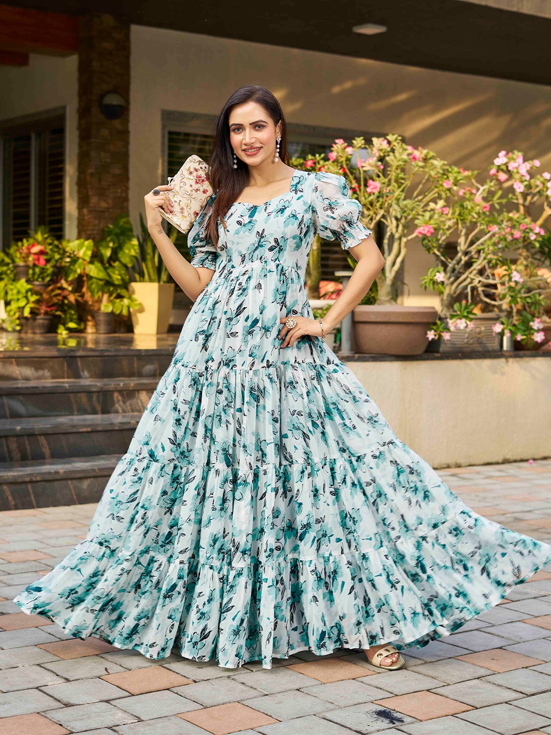 

Chandbaali Floral Printed Sweetheart Neck Puff Sleeves Georgette Gown Ethnic Dress, Turquoise blue