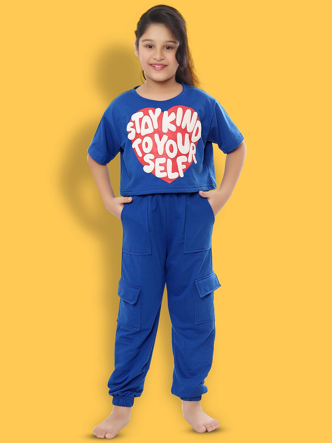 Ninos Dreams Girls Printed Oversized T-shirt with Cargo Joggers, Navy blue