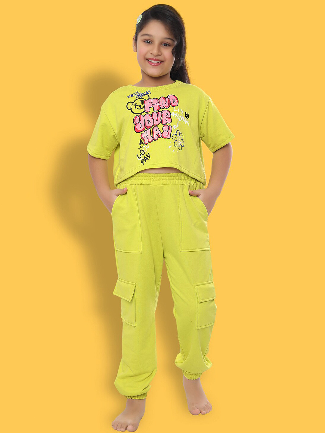 

Ninos Dreams Girls Printed Oversized T-shirt with Cargo Joggers, Lime green