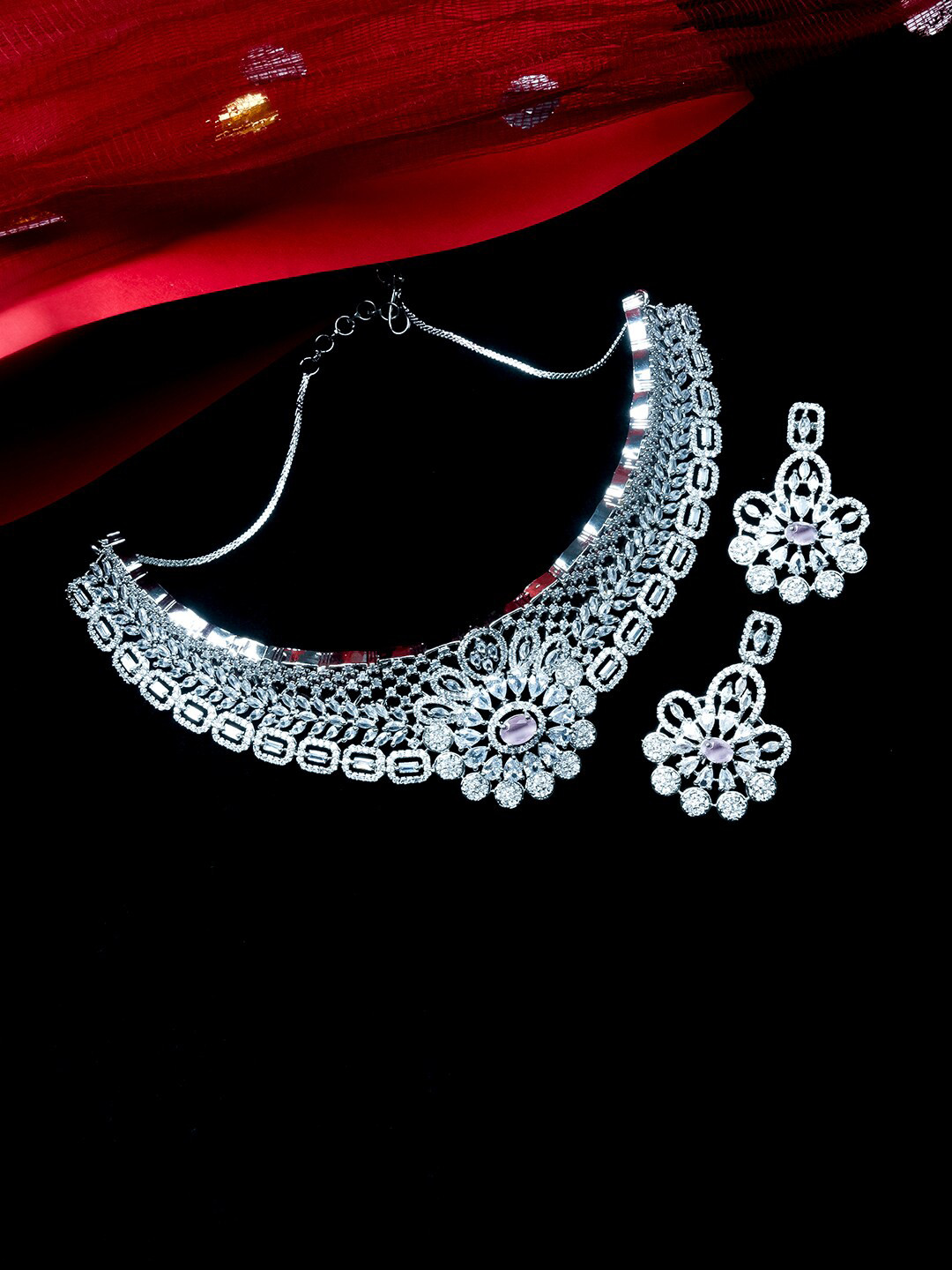 

StileAdda Silver Plated American Diamond Studded Jewellery Set