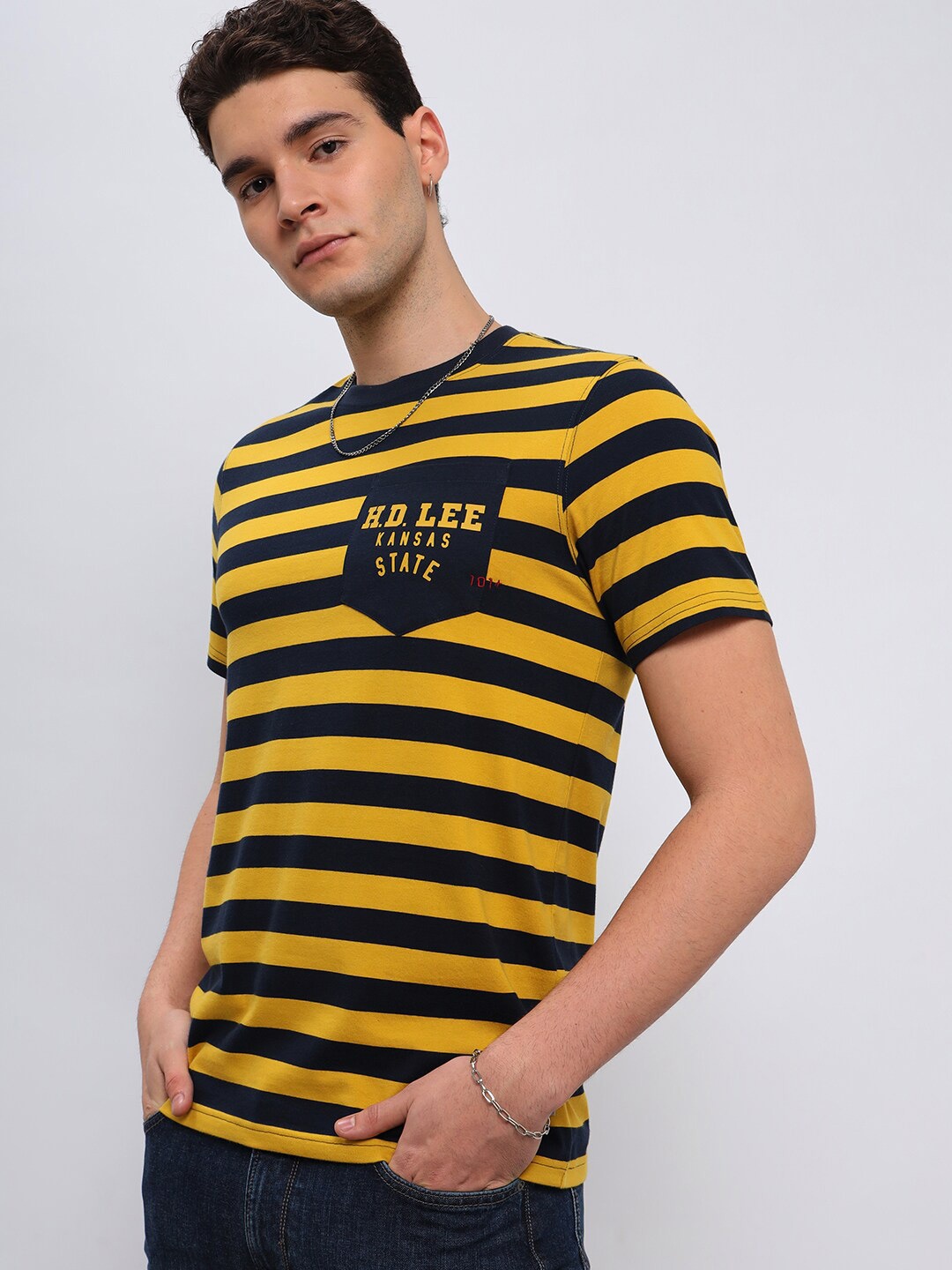 

Lee Striped Slim Fit Cotton T-Shirt, Yellow