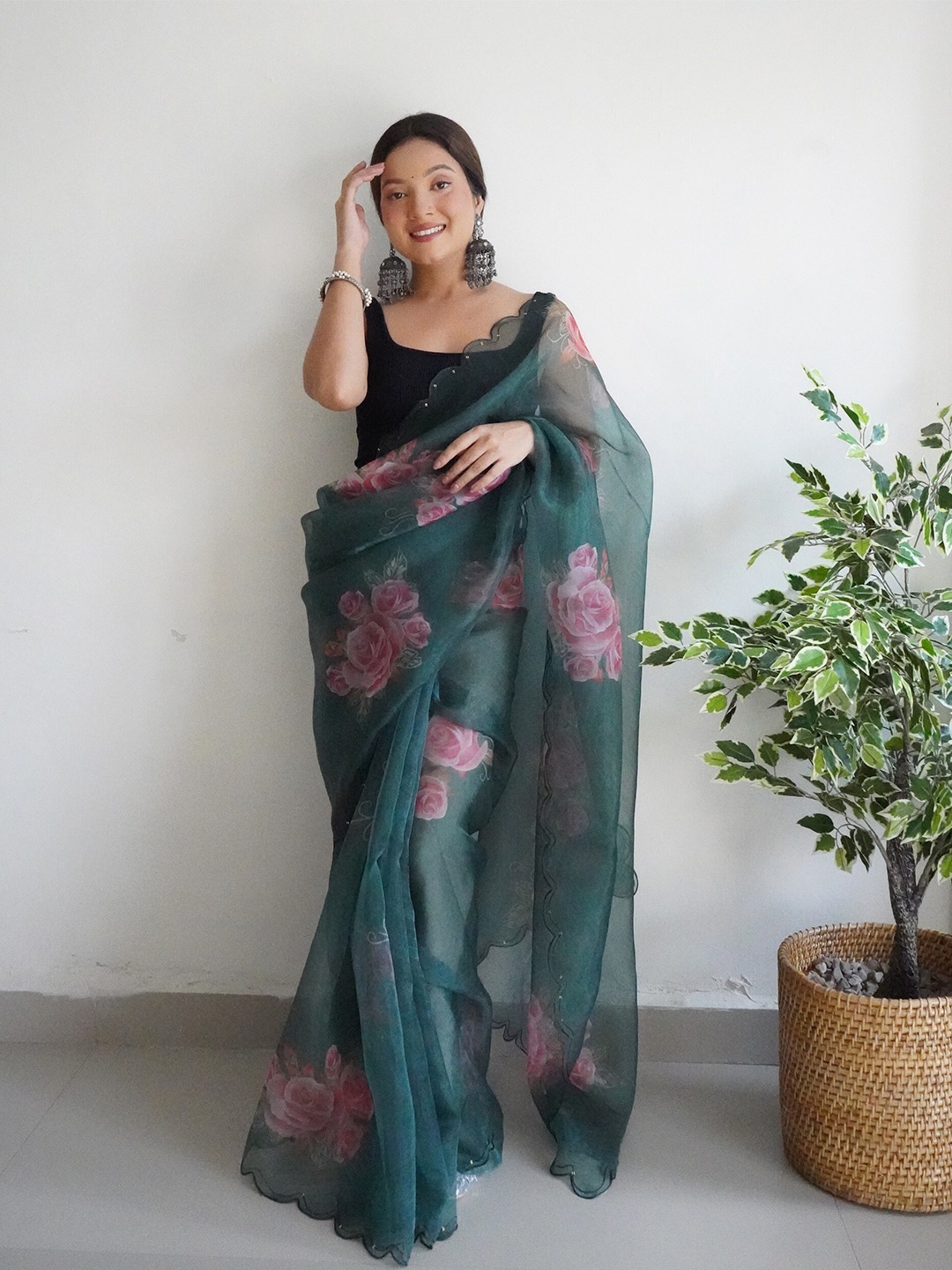 

Mitera Floral Embroidered Organza Designer Saree, Green