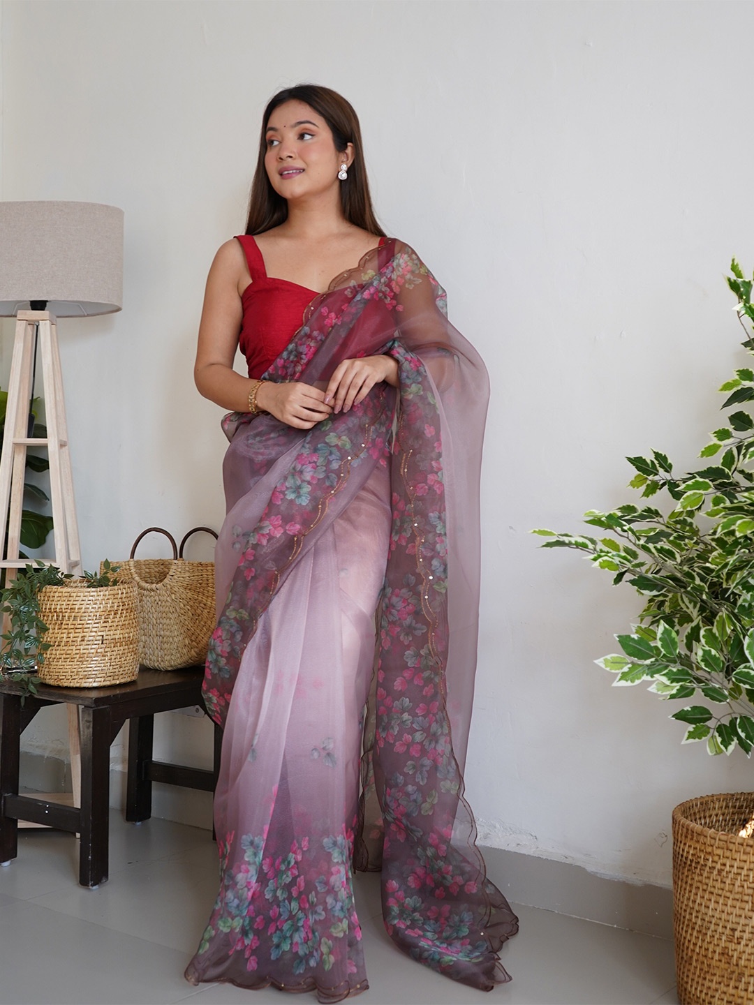 

Mitera Floral Printed Embroidered Organza Saree, Brown