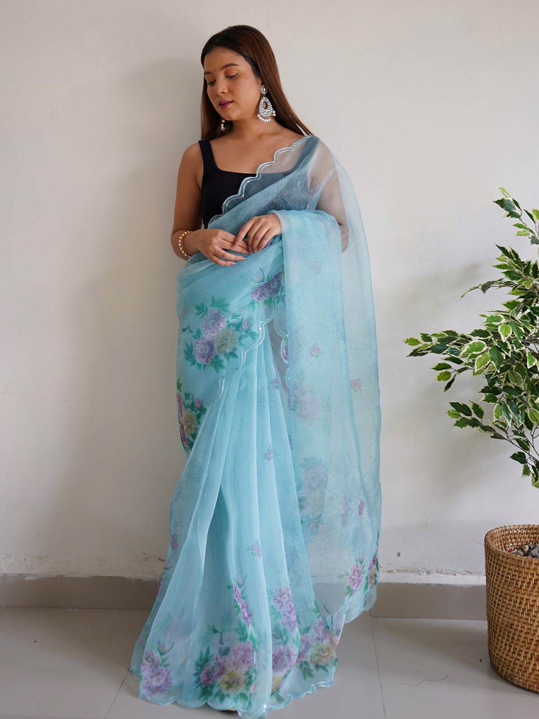 

Mitera Floral Embroidered Organza Designer Saree, Blue