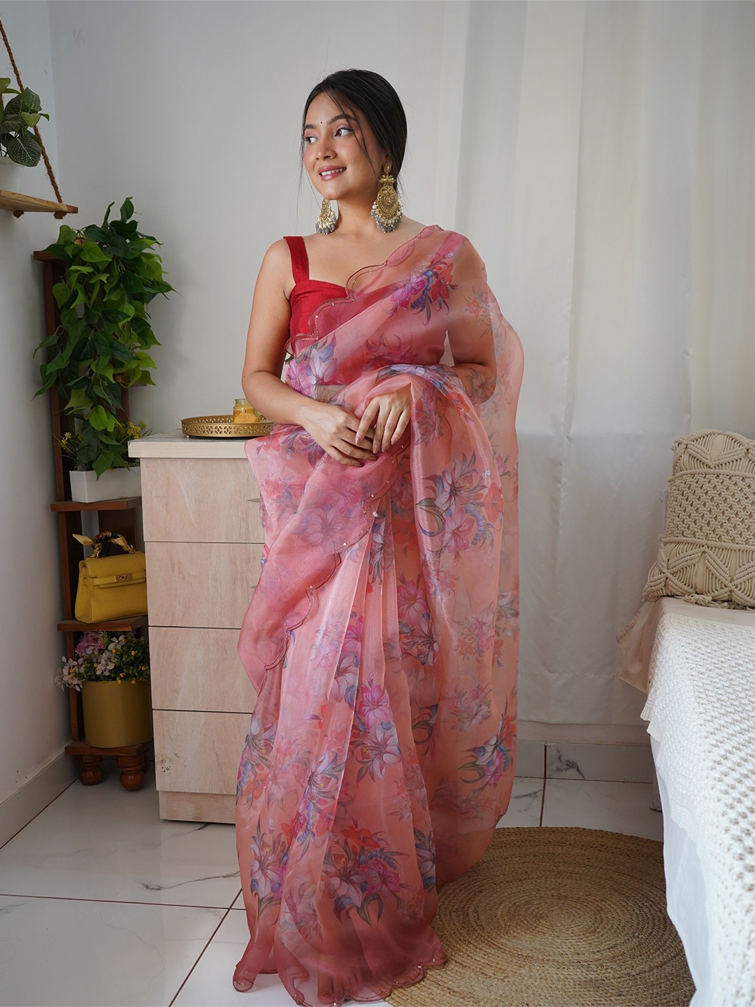 

Mitera Floral Embroidered Organza Saree, Peach
