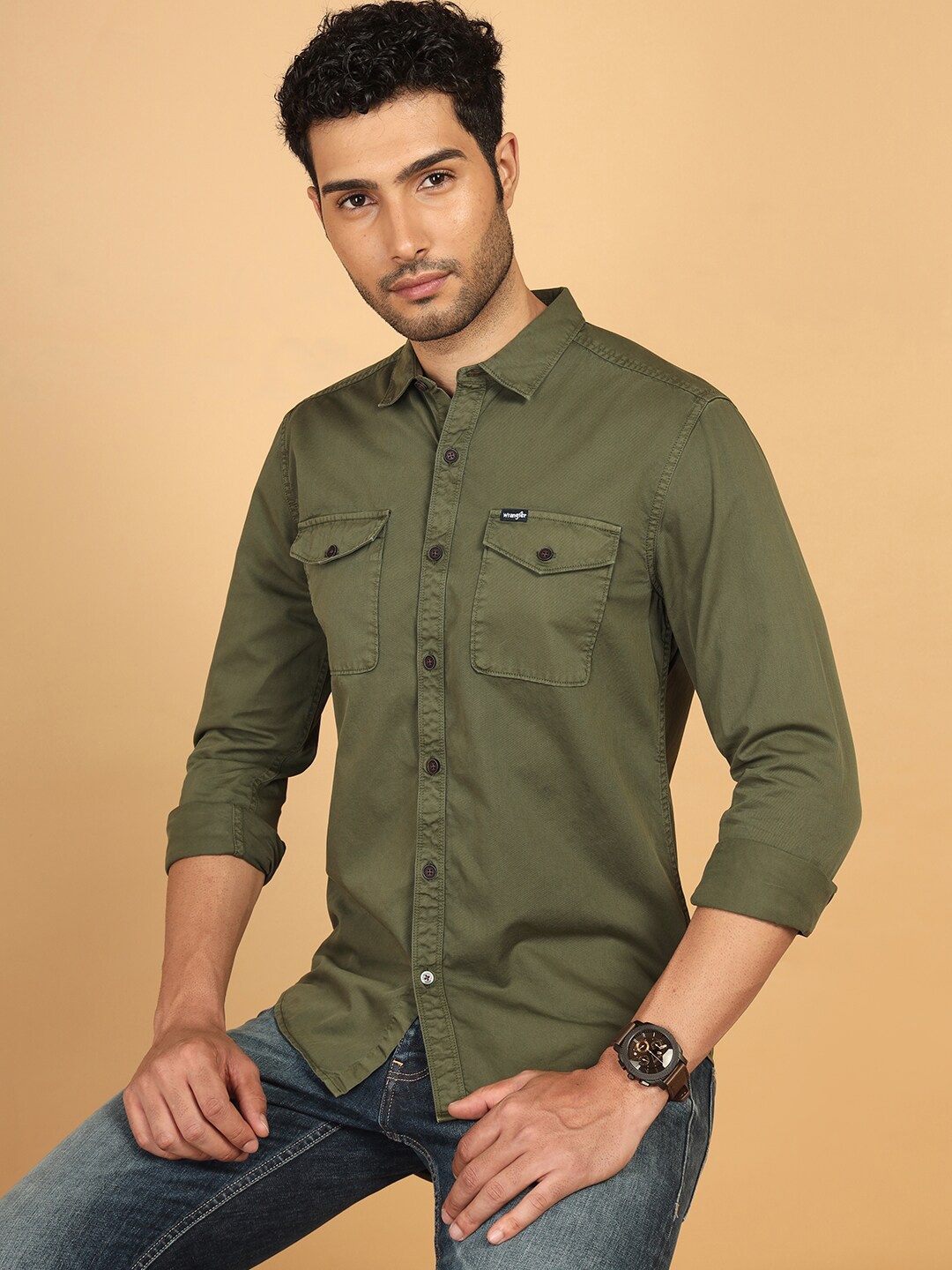 

Wrangler Twill Weave Regular Fit Pure Cotton Shirt, Olive
