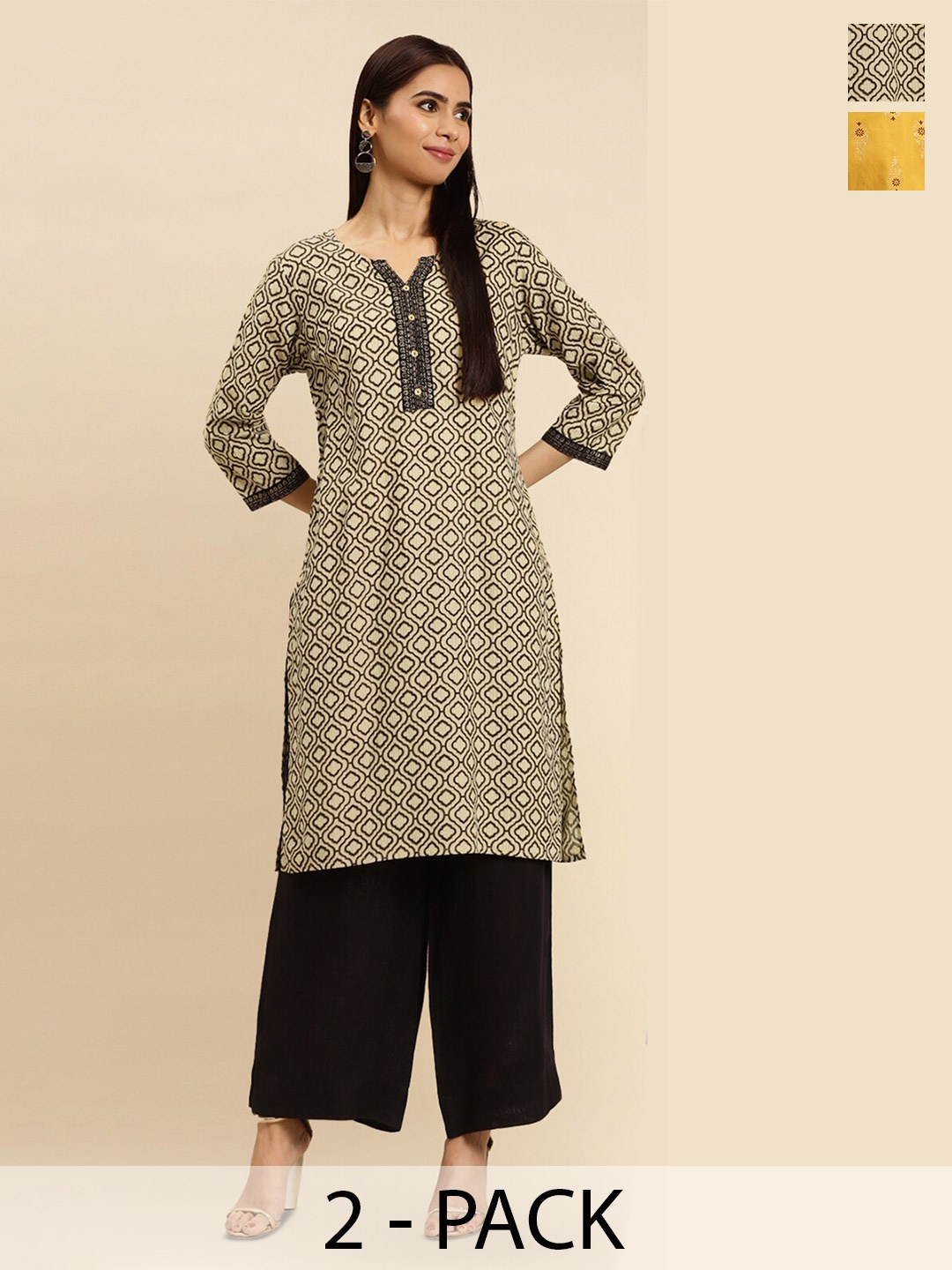 

Rangita 2 Pieces Ethnic Motifs Printed Notched Neck Knee Length Straight Kurtas, Beige