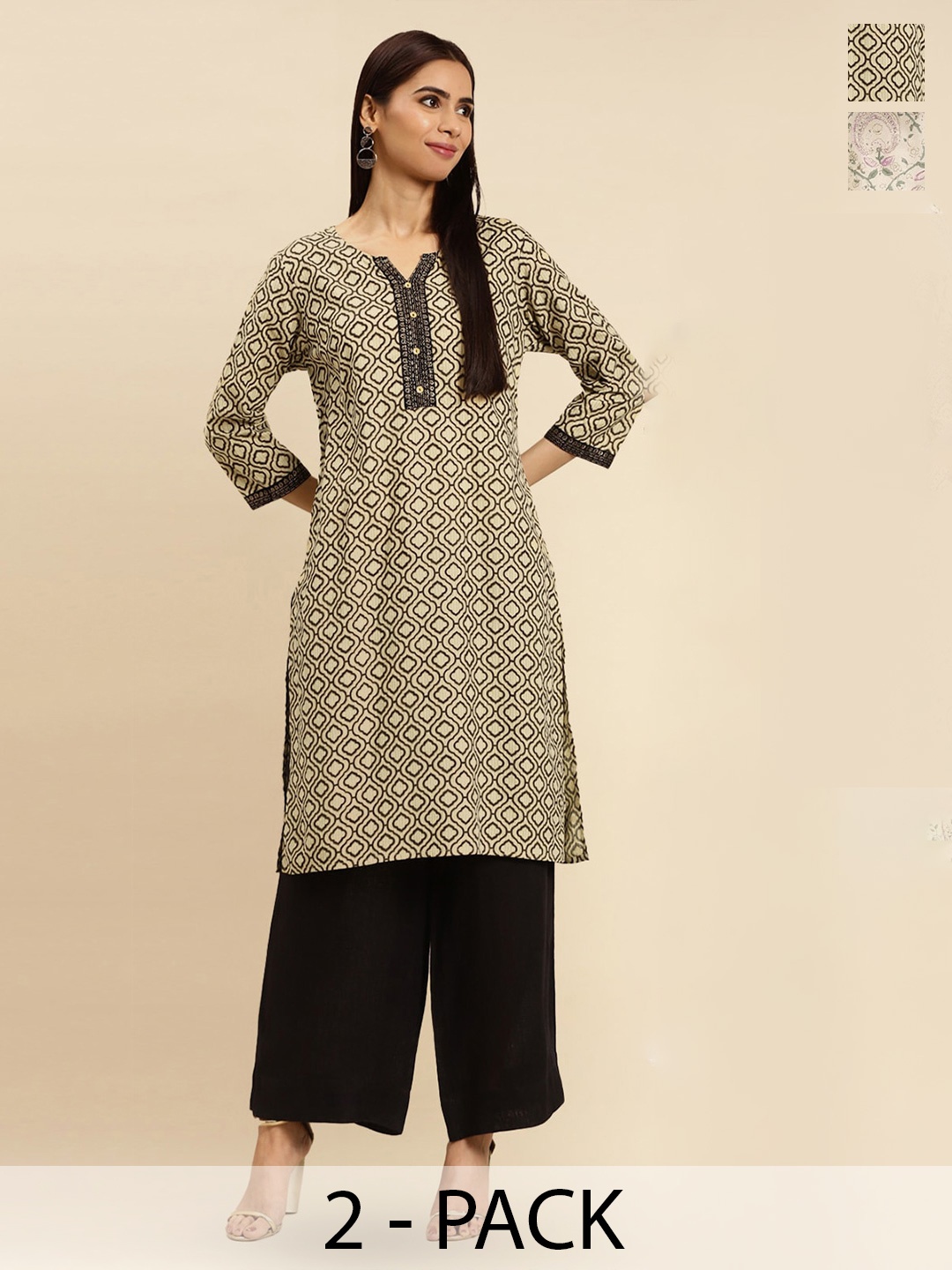 

Rangita 2 Pieces Floral Printed Notched & Round Neck Knee Length Straight Kurtas, Beige