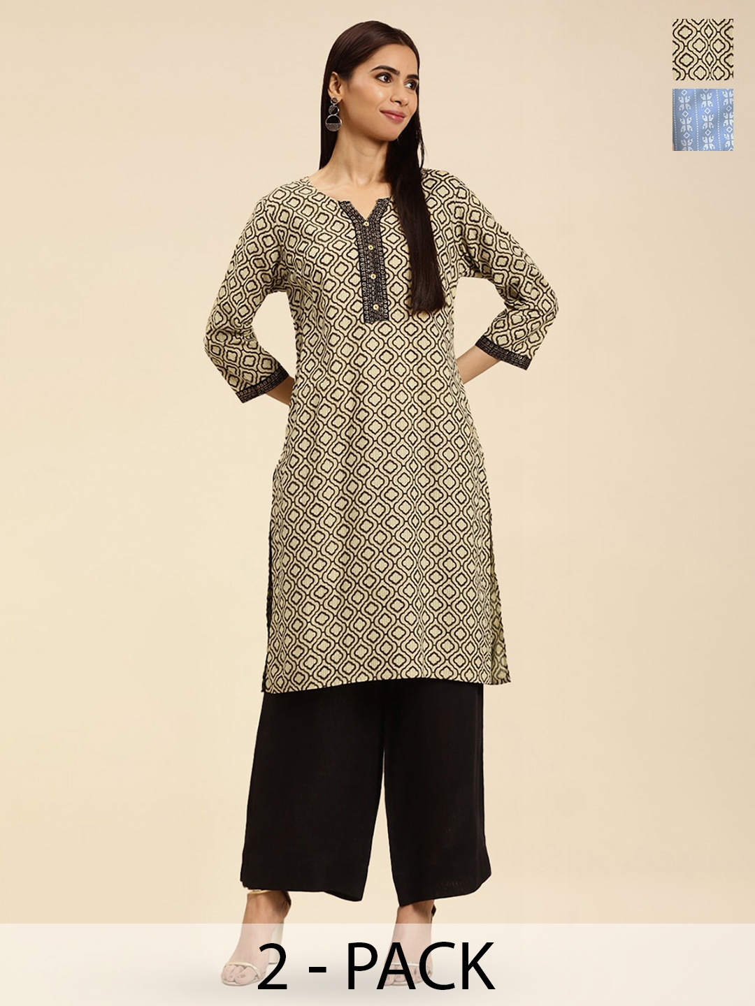 

Rangita 2 Pieces Ethnic Motifs Printed Notched & Round Neck Knee Length Straight Kurtas, Beige