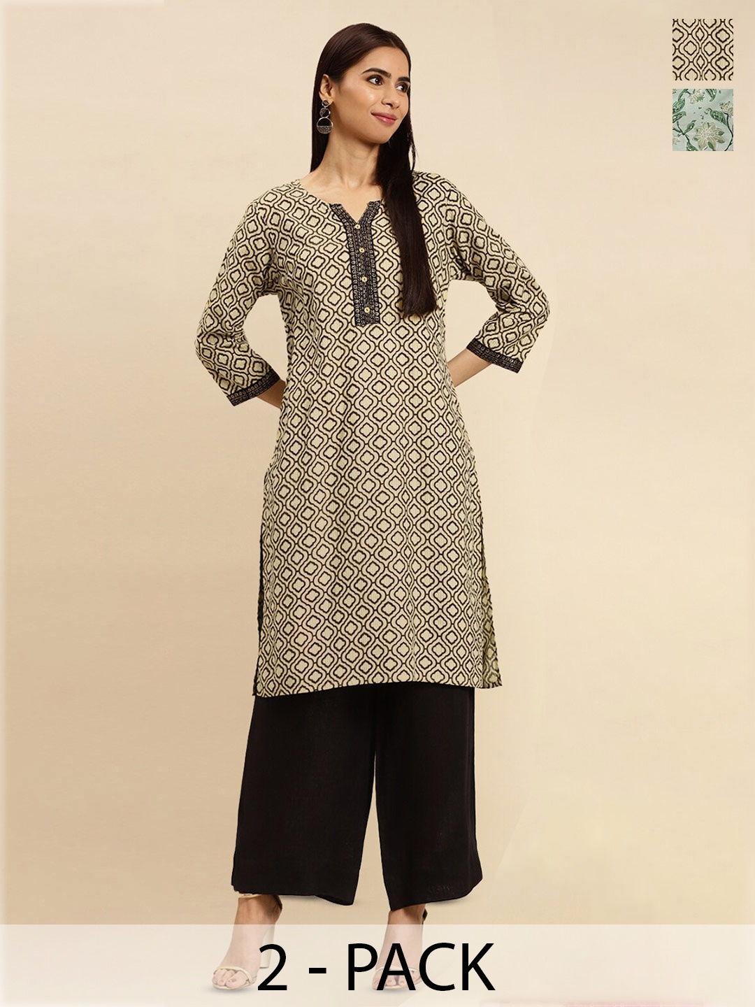 

Rangita 2 Pieces Floral Printed Notched Neck Knee Length Straight Kurtas, Beige