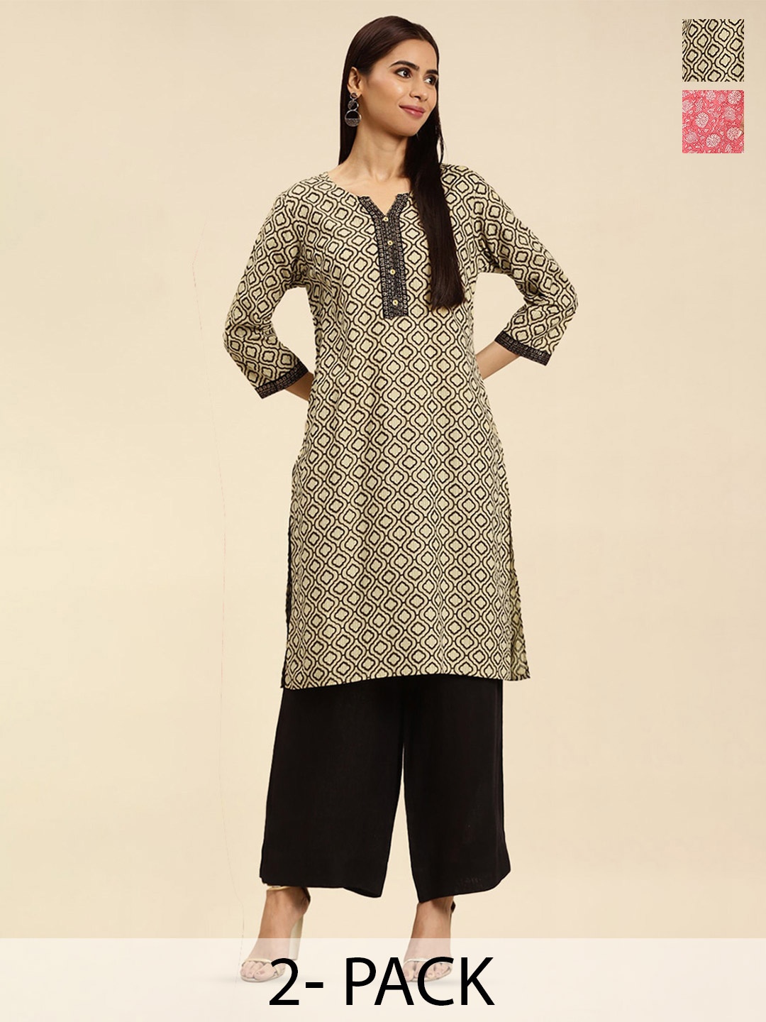 

Rangita 2 Pieces Floral Printed Notched Neck Knee Length Straight Kurtas, Beige