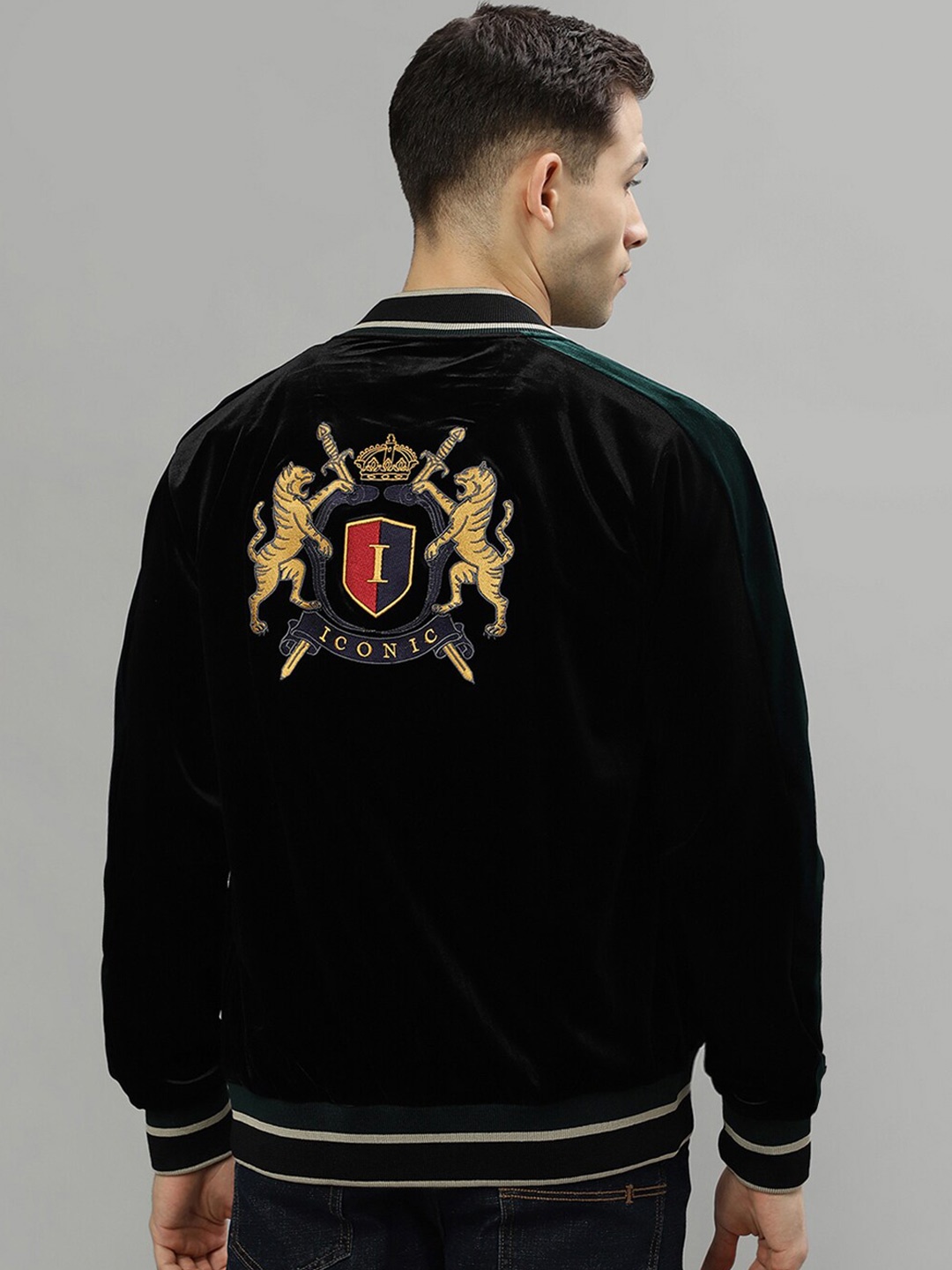 

Iconic Graphic Embroidered Stand Collar Bomber Jacket, Black