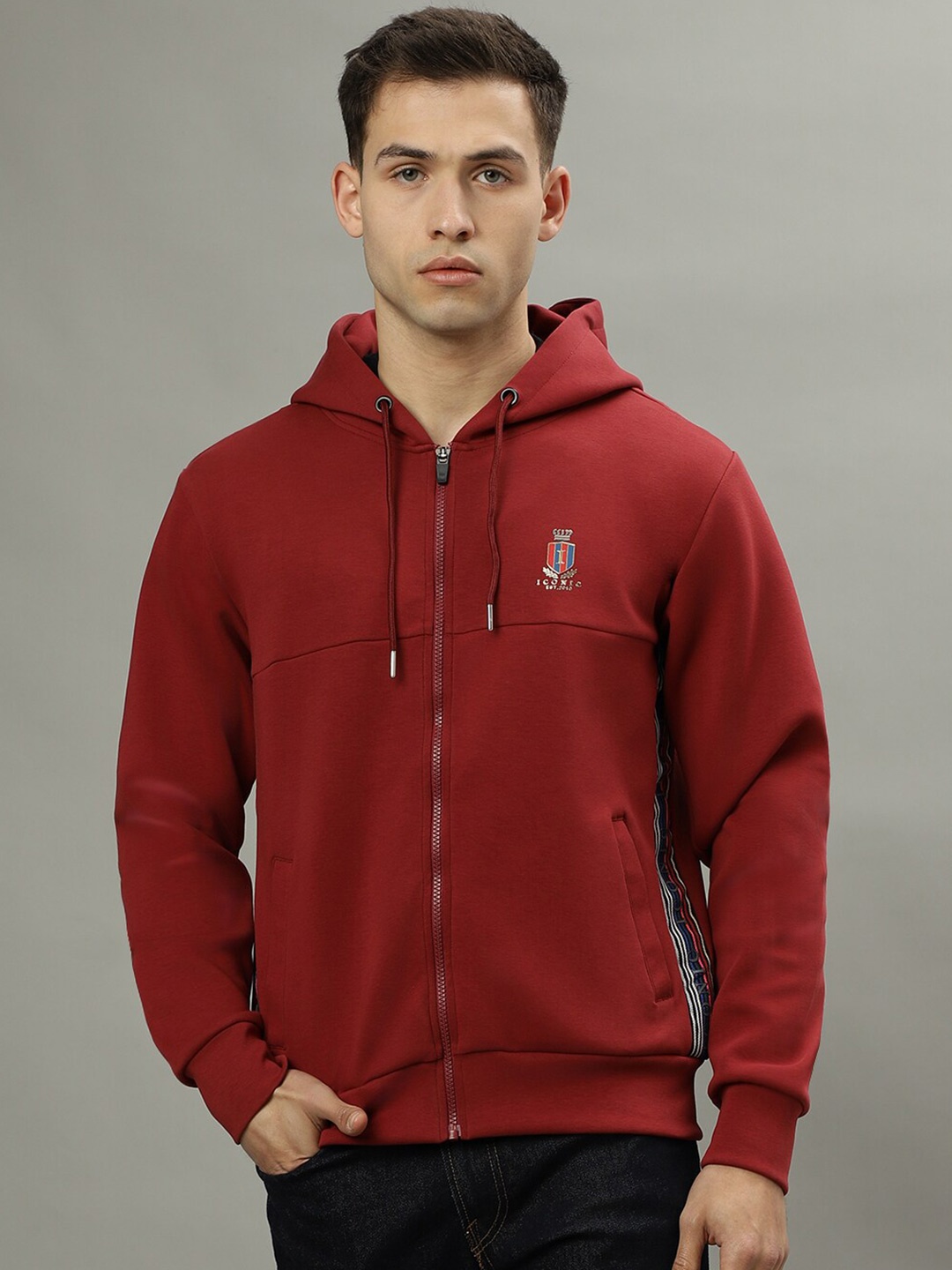 

Iconic Hooded Long Sleeves Open Front Sweatshirt, Red