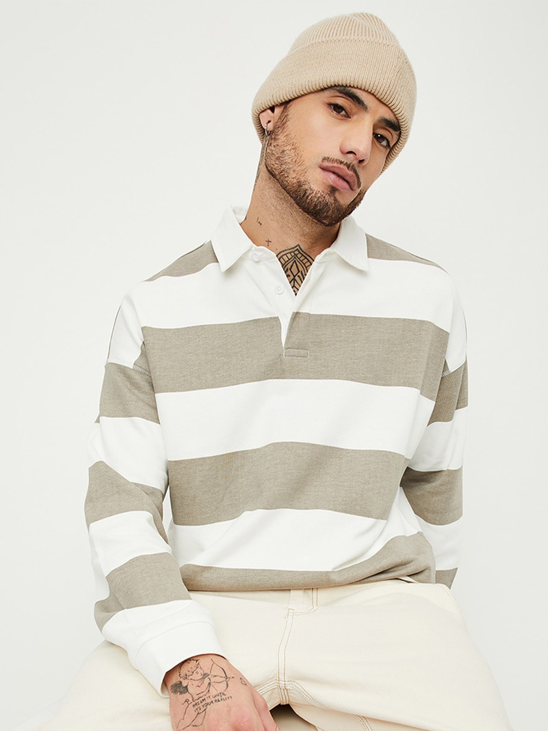 

max Striped Shirt Collar Pure Cotton Pullover Sweatshirt, Green