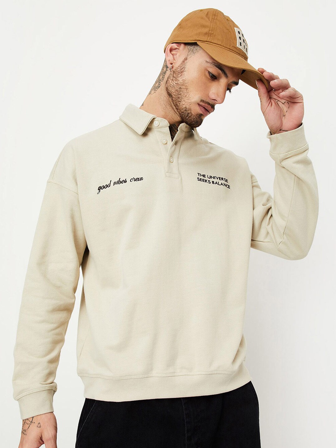 

max Typography Printed Shirt Collar Pure Cotton Pullover Sweatshirt, Beige
