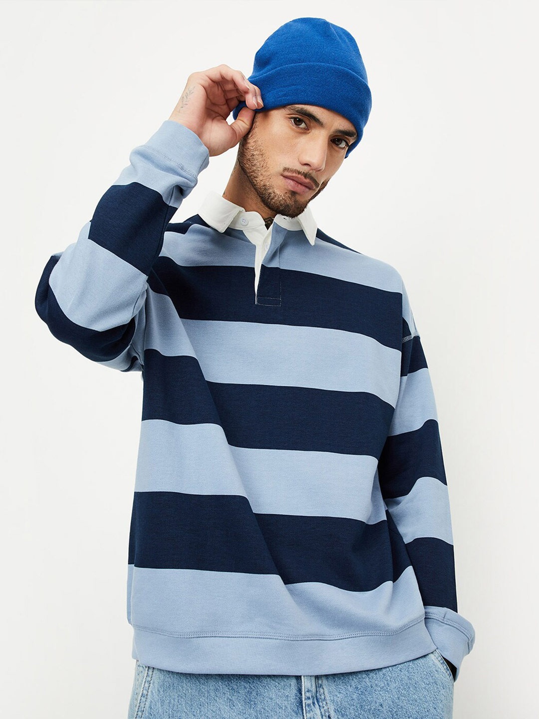 

max Striped Shirt Collar Pure Cotton Pullover Sweatshirt, Blue