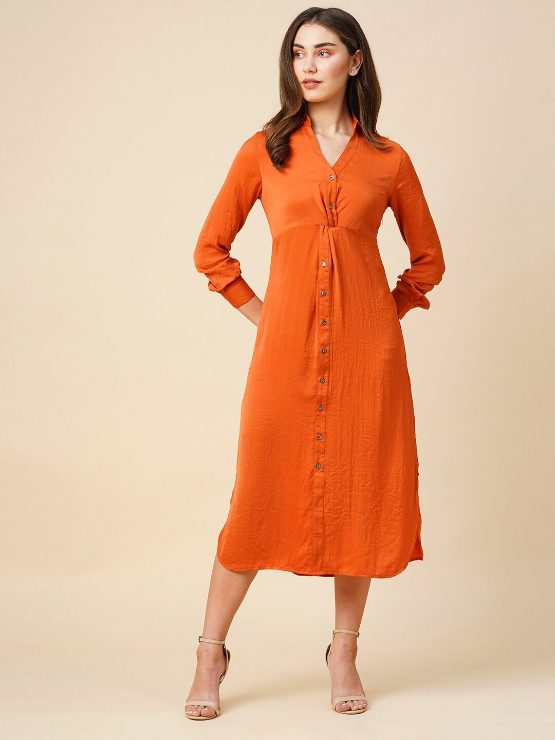 

Chemistry Cotton Shirt Collar Shirt Midi Casual Dress, Rust