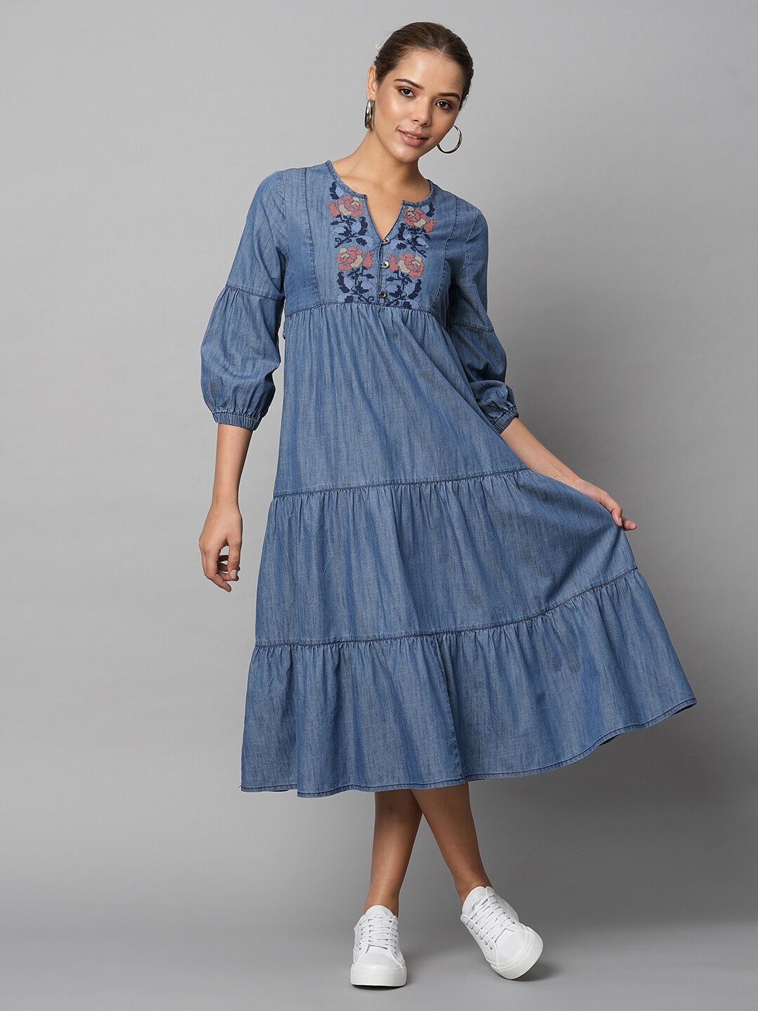 

Chemistry Denim Embroidered A-Line Midi Casual Dress, Blue