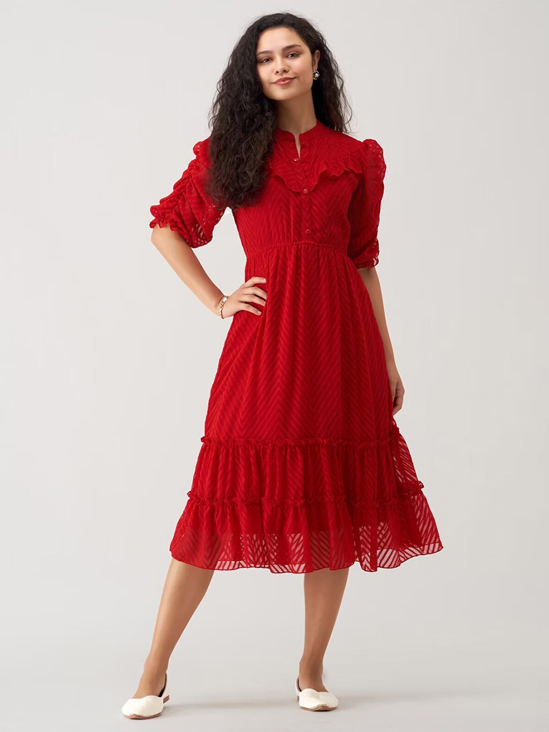 

SIDYAL Self Design Georgette Fit & Flare Puff Sleeve Dress, Red