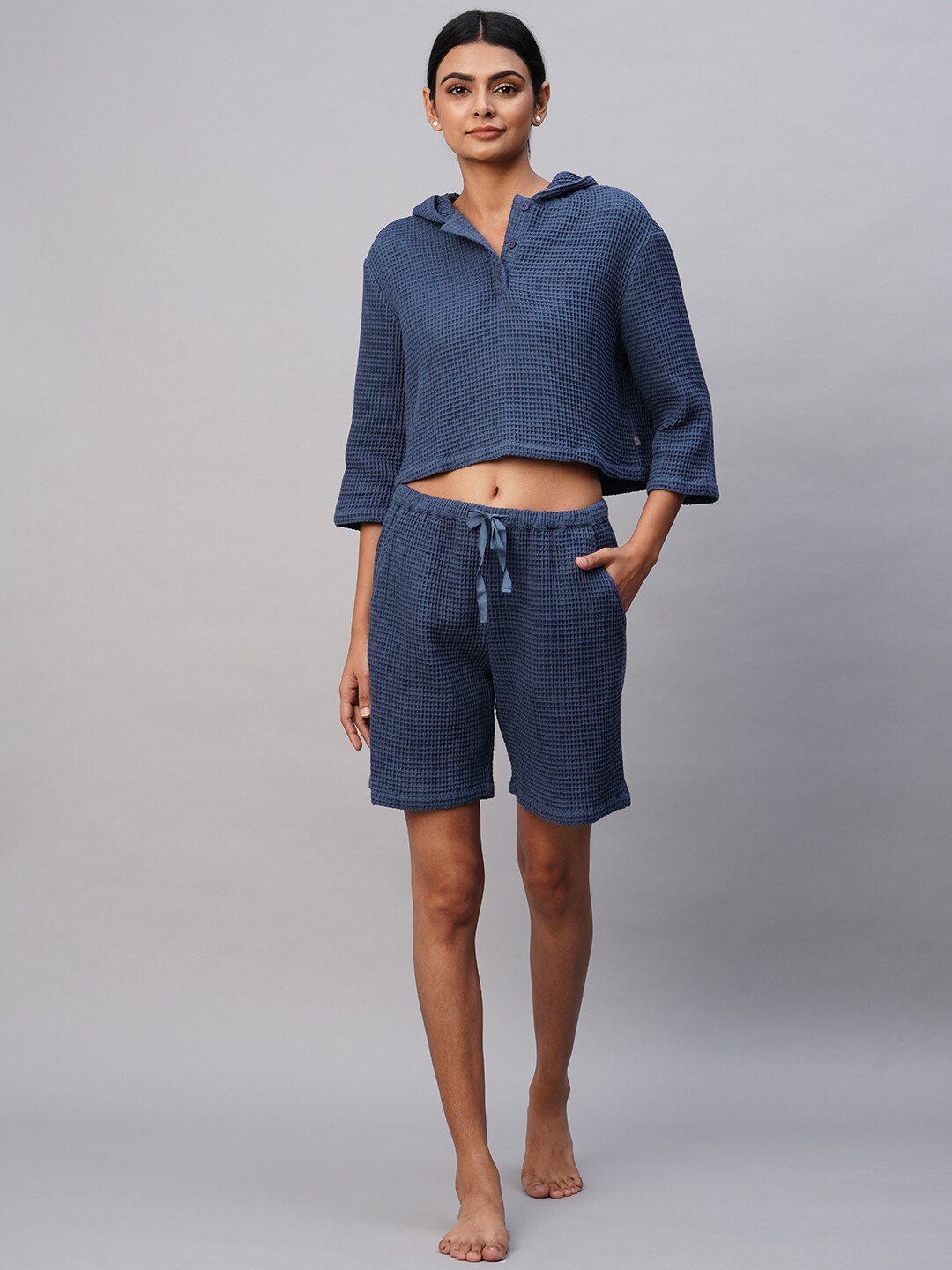 

Chemistry Checked Shirt Collar Pure Cotton Top With Shorts, Teal