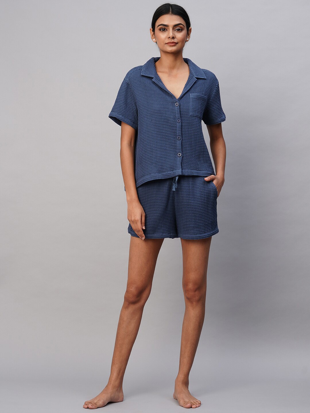

Chemistry Checked Shirt Collar Pure Cotton Shirt With Shorts, Teal
