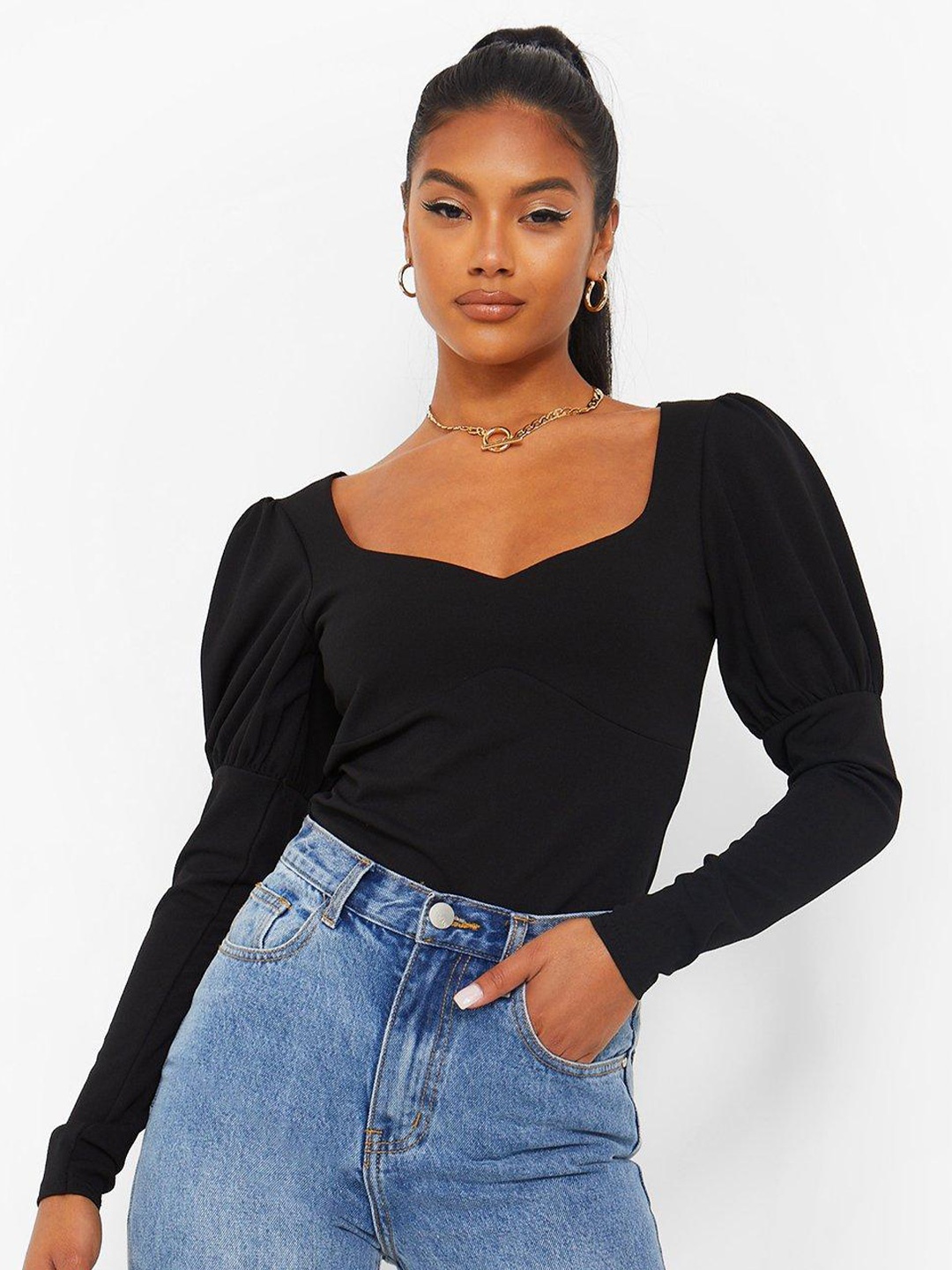 

DressBerry Black Sweetheart Neck Opaque Puff Sleeve Casual Top
