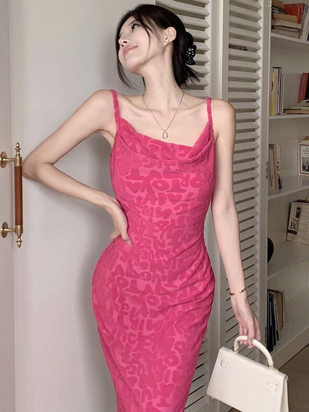 

DressBerry Pink Shoulder Straps Cowl Neck Bodycon Dress