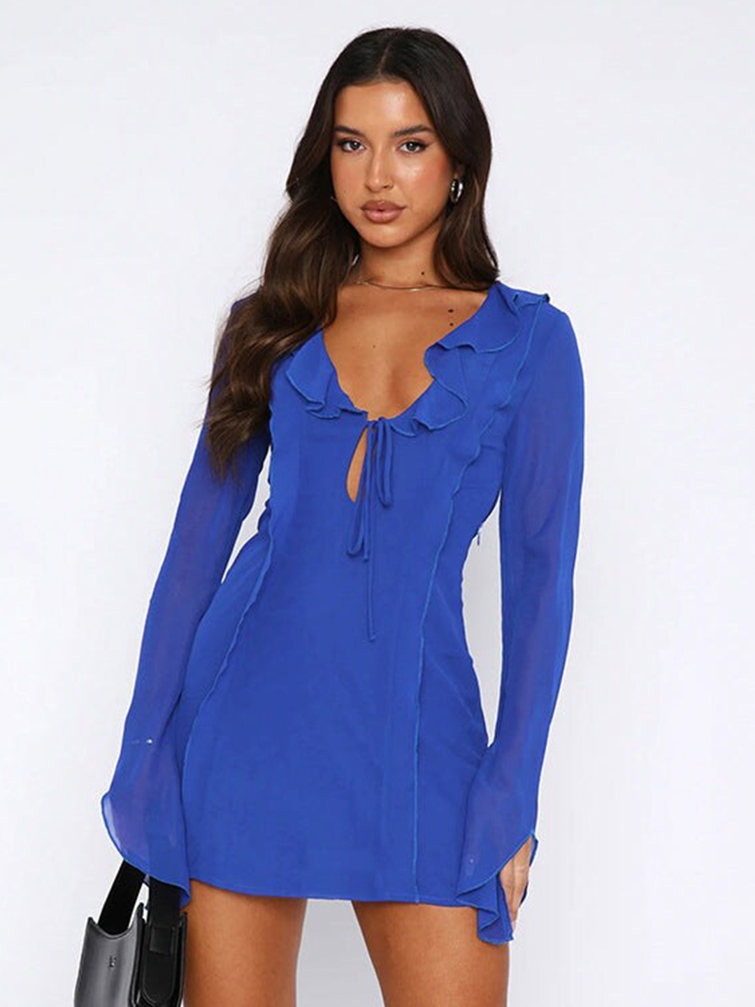 

DressBerry Blue Long Sleeves V-Neck Opaque A-Line Dress