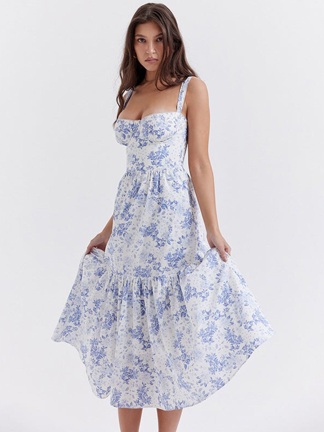 

DressBerry Blue & White Floral Printed Fit & Flare Dress