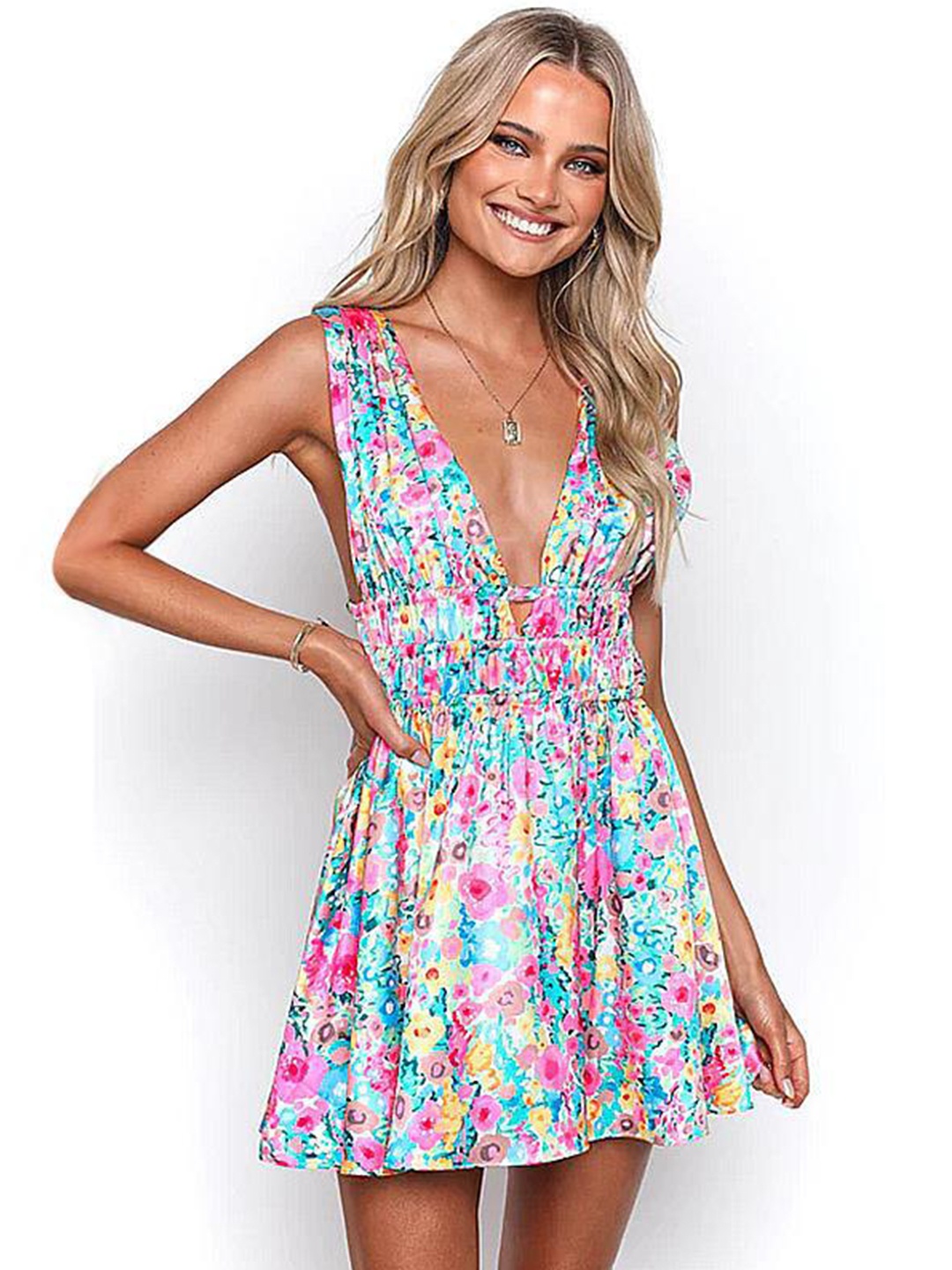 

DressBerry Blue & Pink Printed Fit & Flare Dress