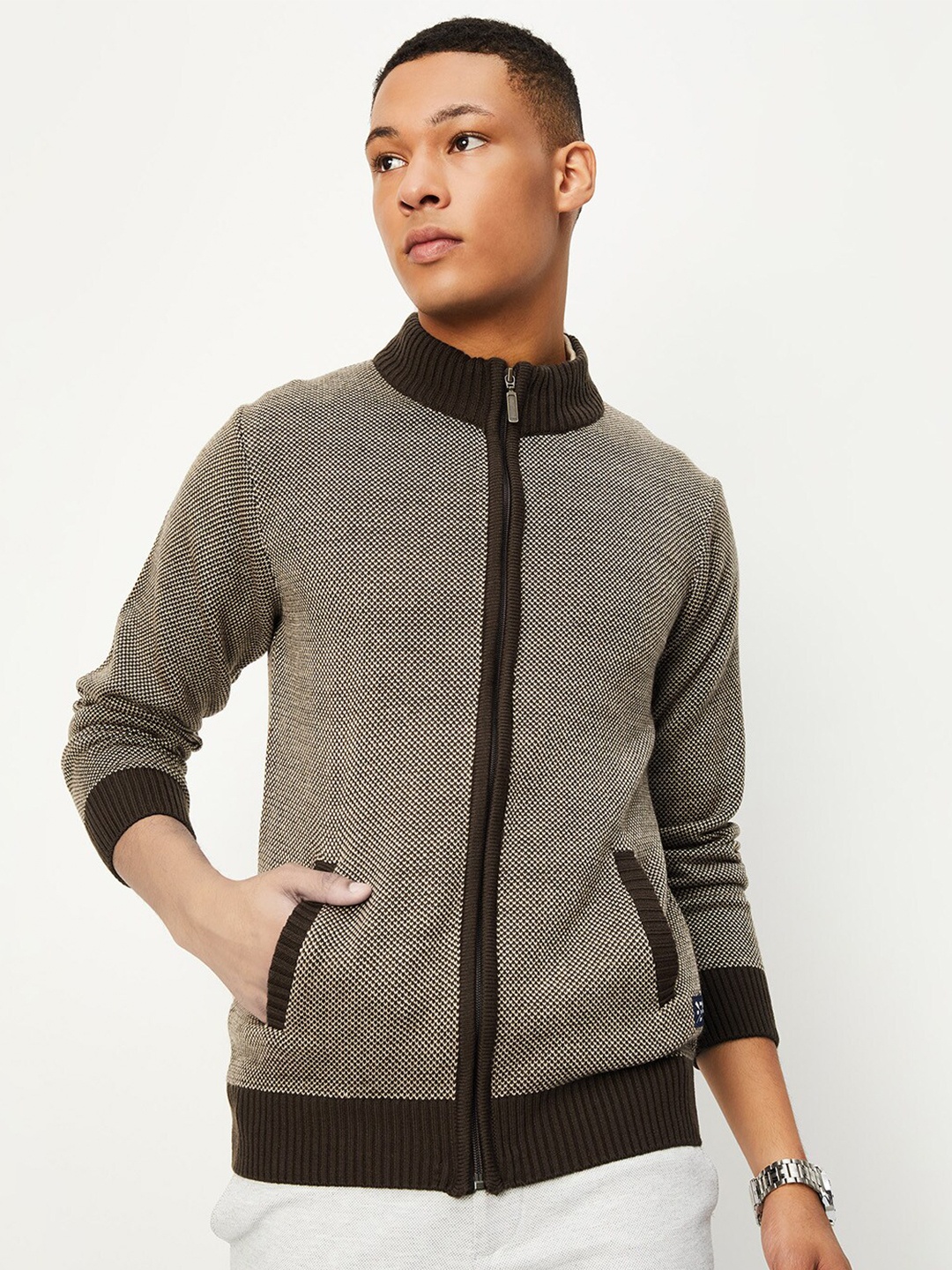 

max Self Design Mock Collar Pure Acrylic Cardigan, Brown