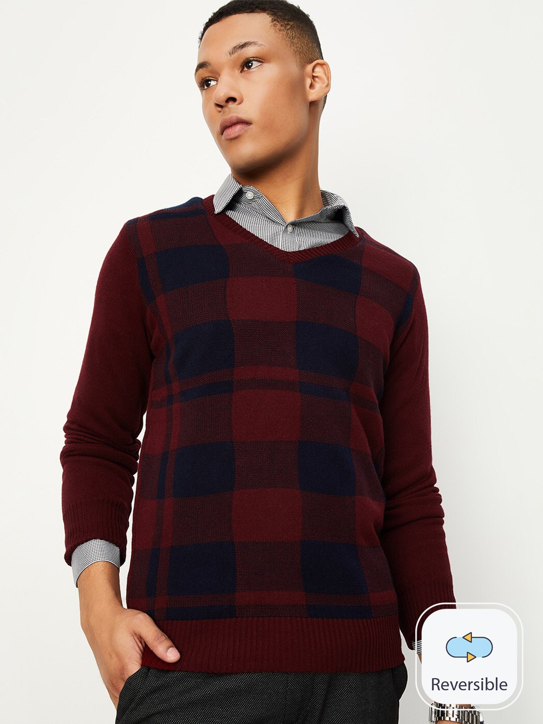 

max Checked V-Neck Reversible Pure Acrylic Pullover, Red
