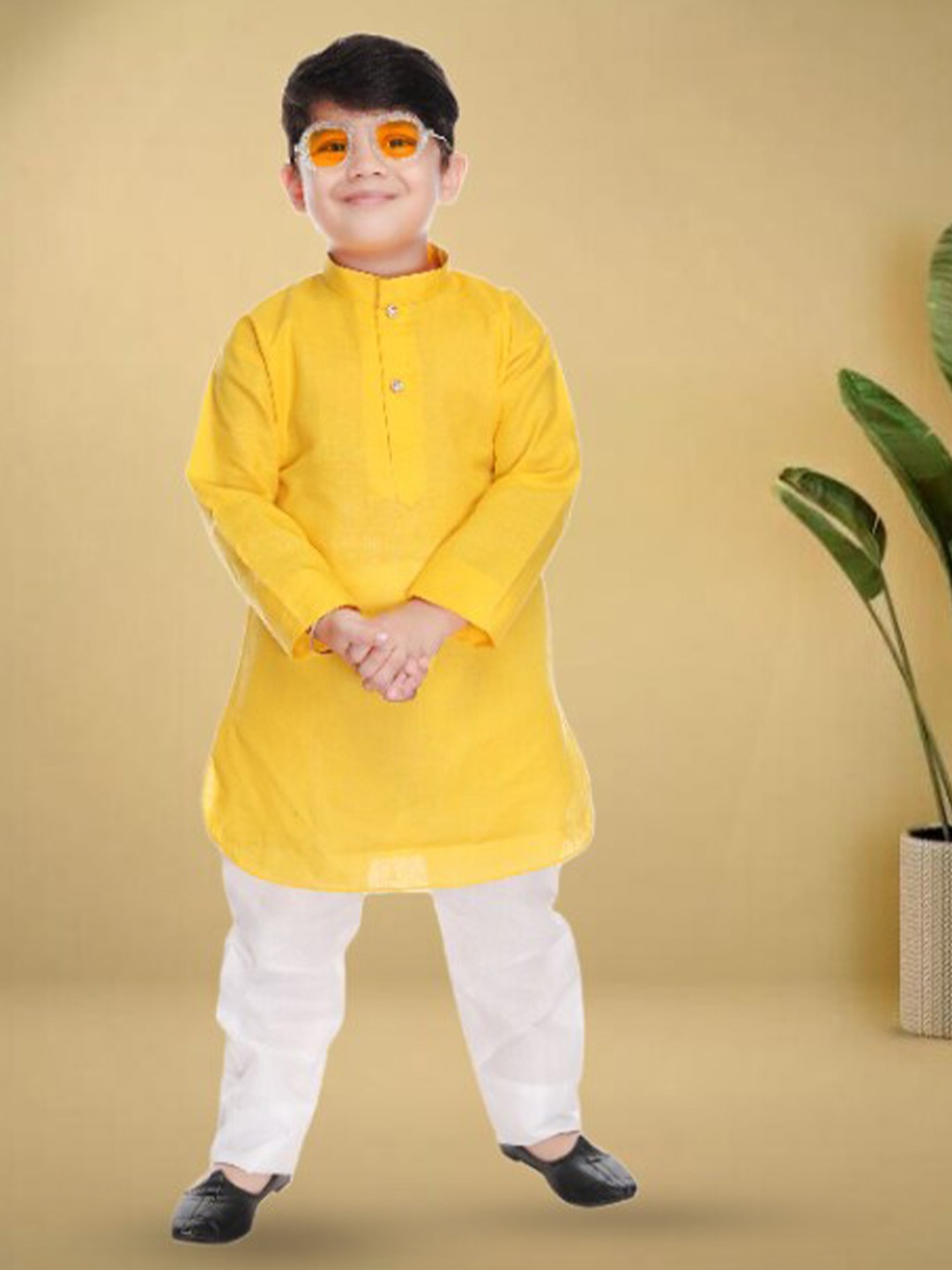 

BAESD Boys Mandarin Collar Pure Cotton Straight Kurta With Pyjamas, Yellow