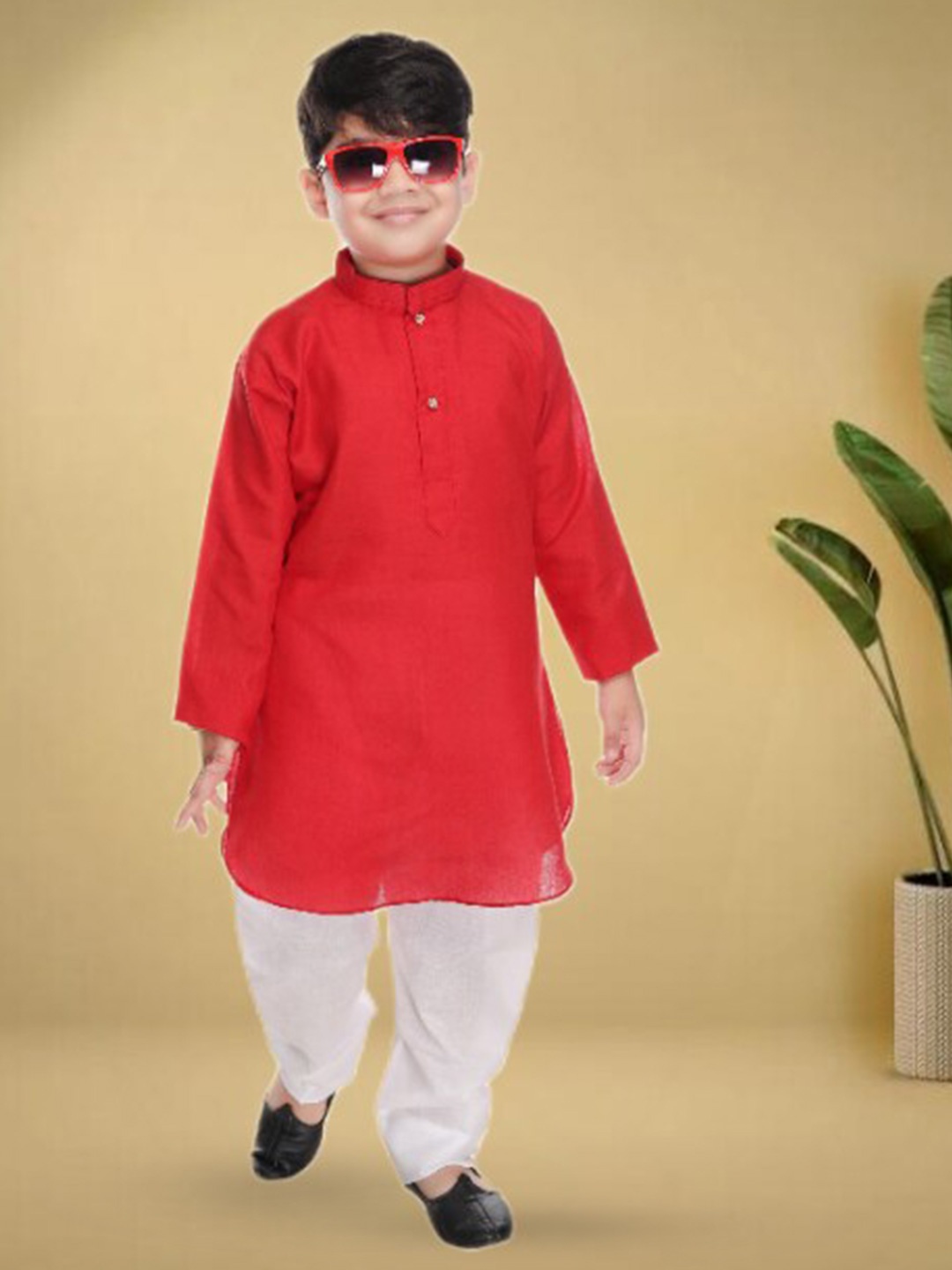 

BAESD Boys Mandarin Collar Pure Cotton Straight Kurta With Pyjamas, Red