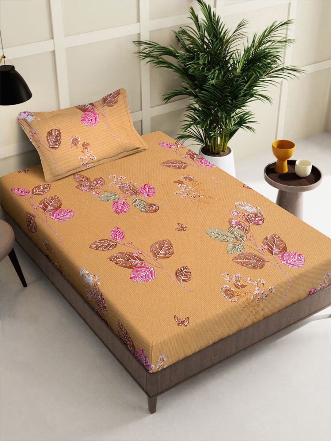 

KLOTTHE Yellow & Pink Floral Printed 400 TC Pure Cotton Single Bedsheet & Pillow Cover