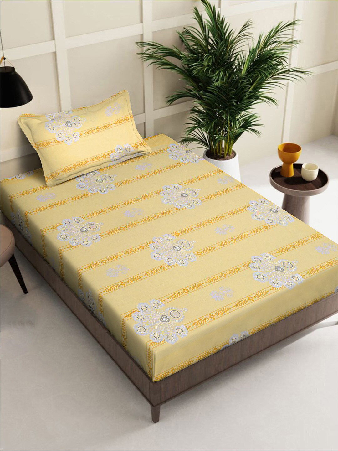 

KLOTTHE Yellow & White Floral Printed 400 TC Pure Cotton Single Bedsheet & Pillow Cover