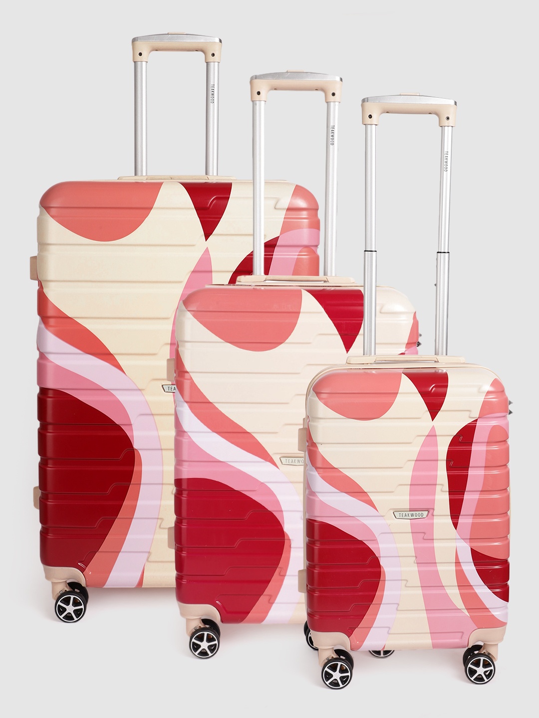 

Teakwood Leathers Set of 3 Carnival Print 360 Degree Rotation Hard Trolley Bags 182.3L, Pink