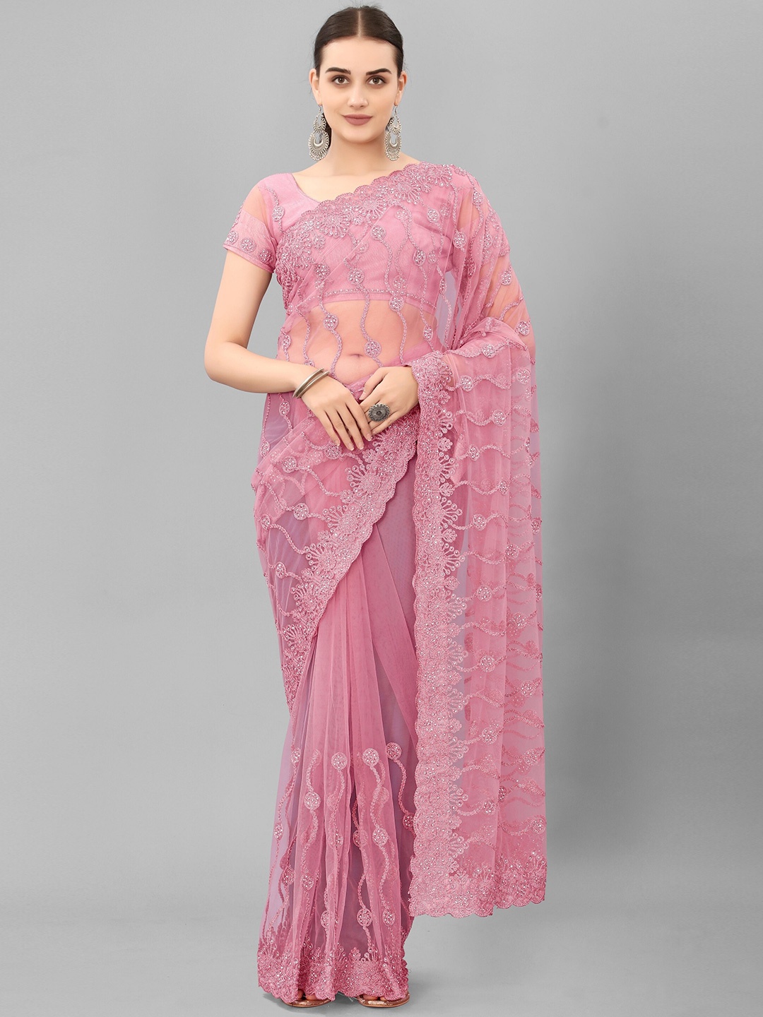 

JSItaliya Embellished Embroidered Net Saree, Pink