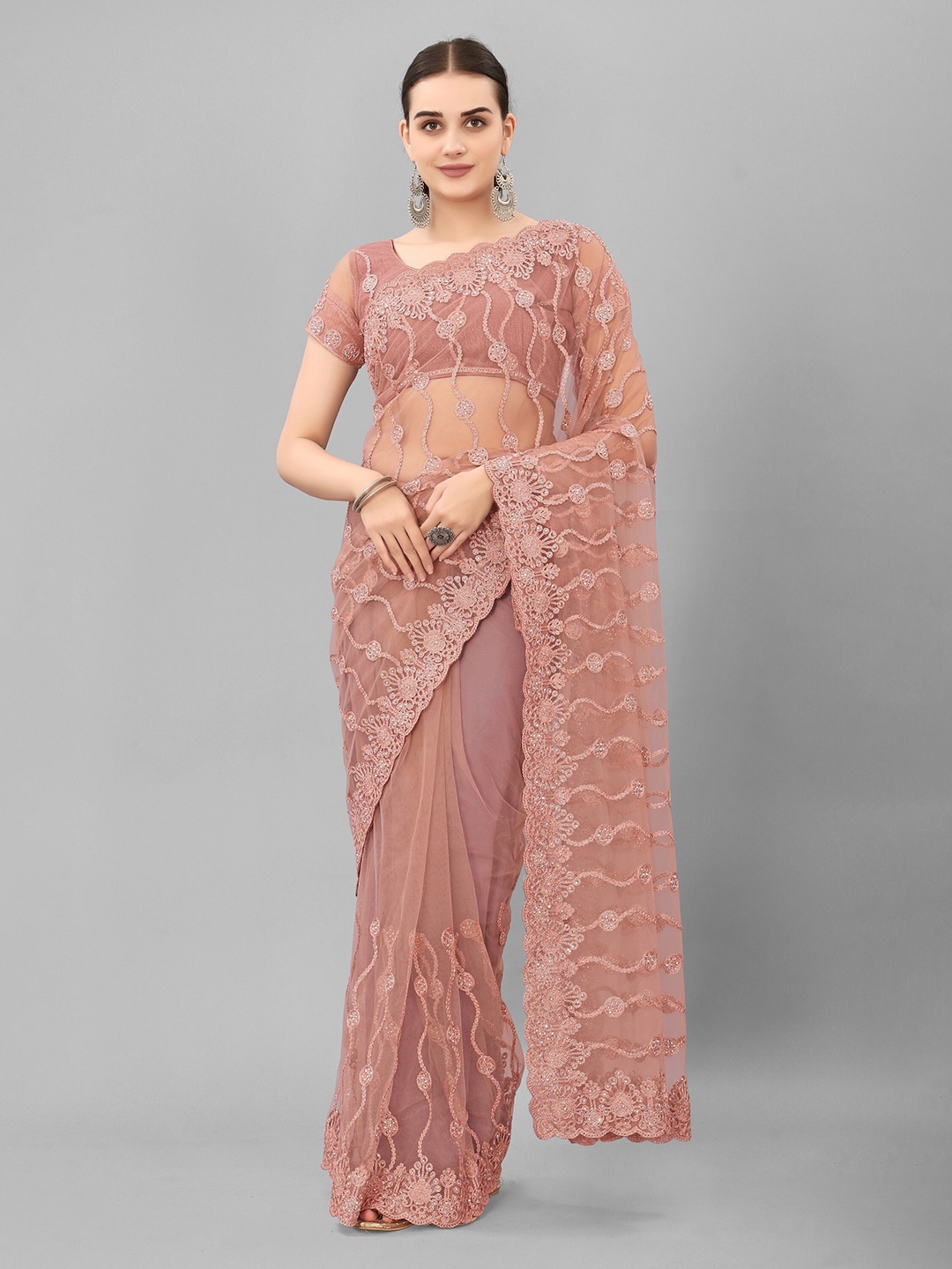 

JSItaliya Embellished Embroidered Net Saree, Taupe