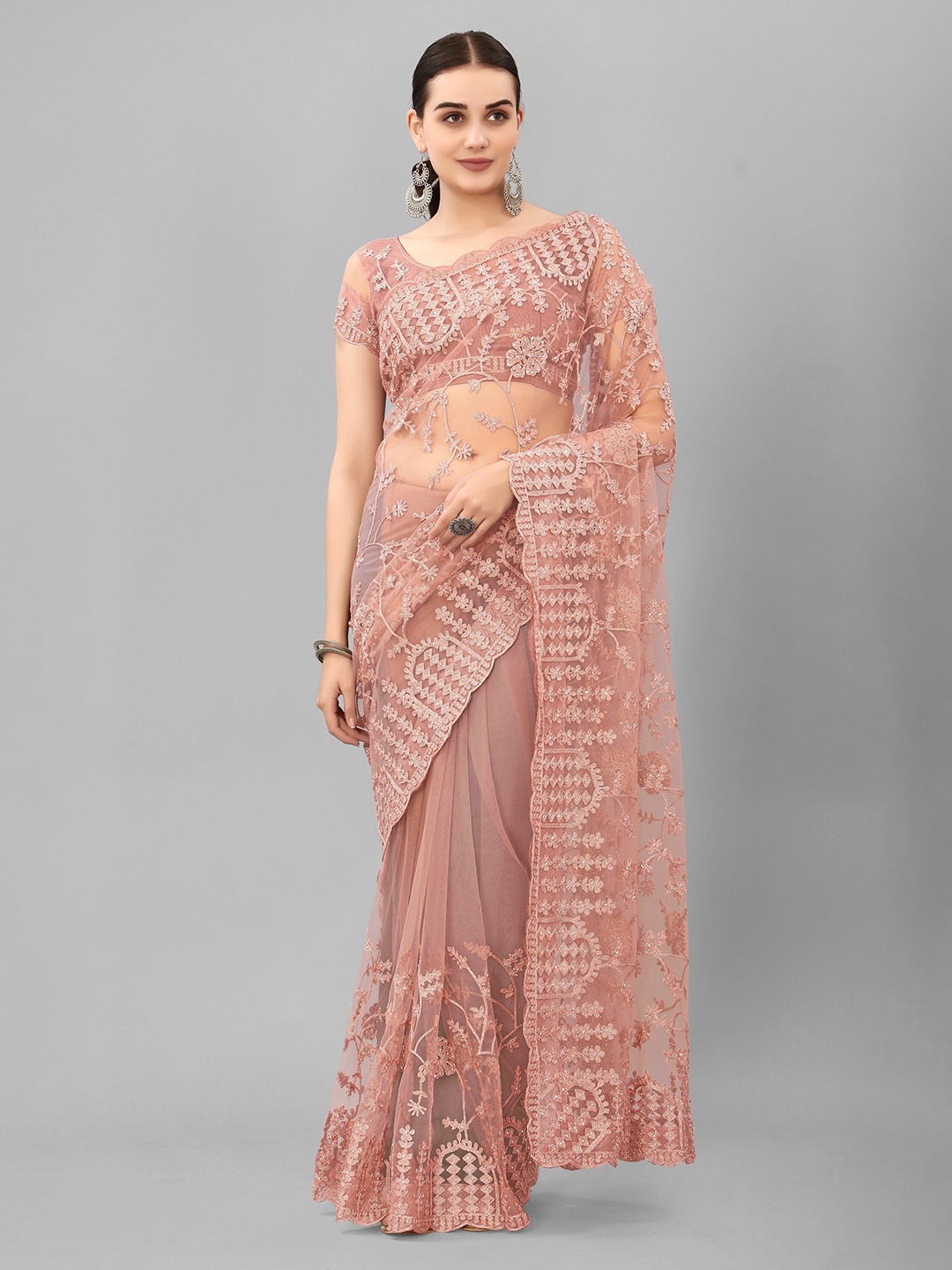 

JSItaliya Embellished Embroidered Net Saree, Taupe