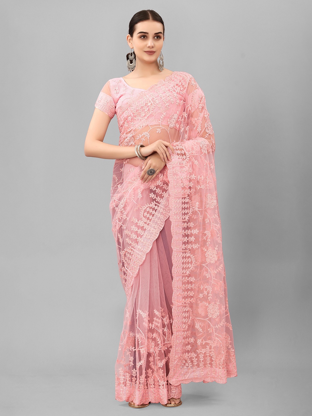 

JSItaliya Embellished Embroidered Net Saree, Pink