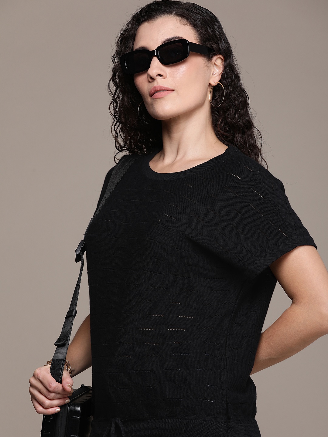 

Roadster Self Design Cotton Crochet Top, Black