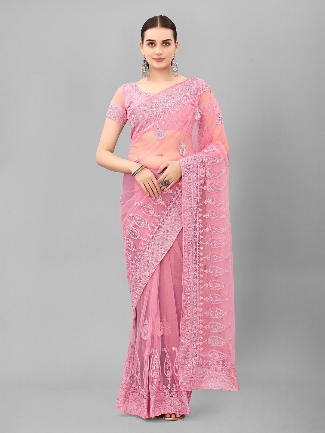 

JSItaliya Embellished Embroidered Net Saree, Pink