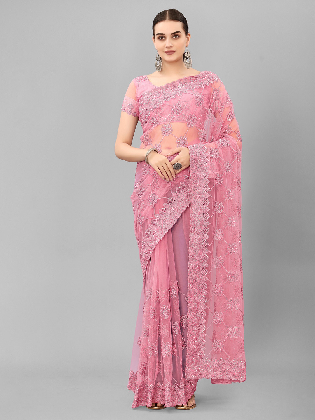 

JSItaliya Embellished Embroidered Net Saree, Pink