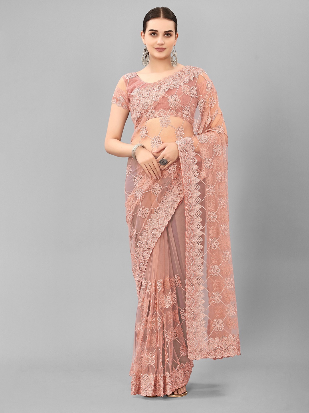 

JSItaliya Embellished Embroidered Net Saree, Taupe