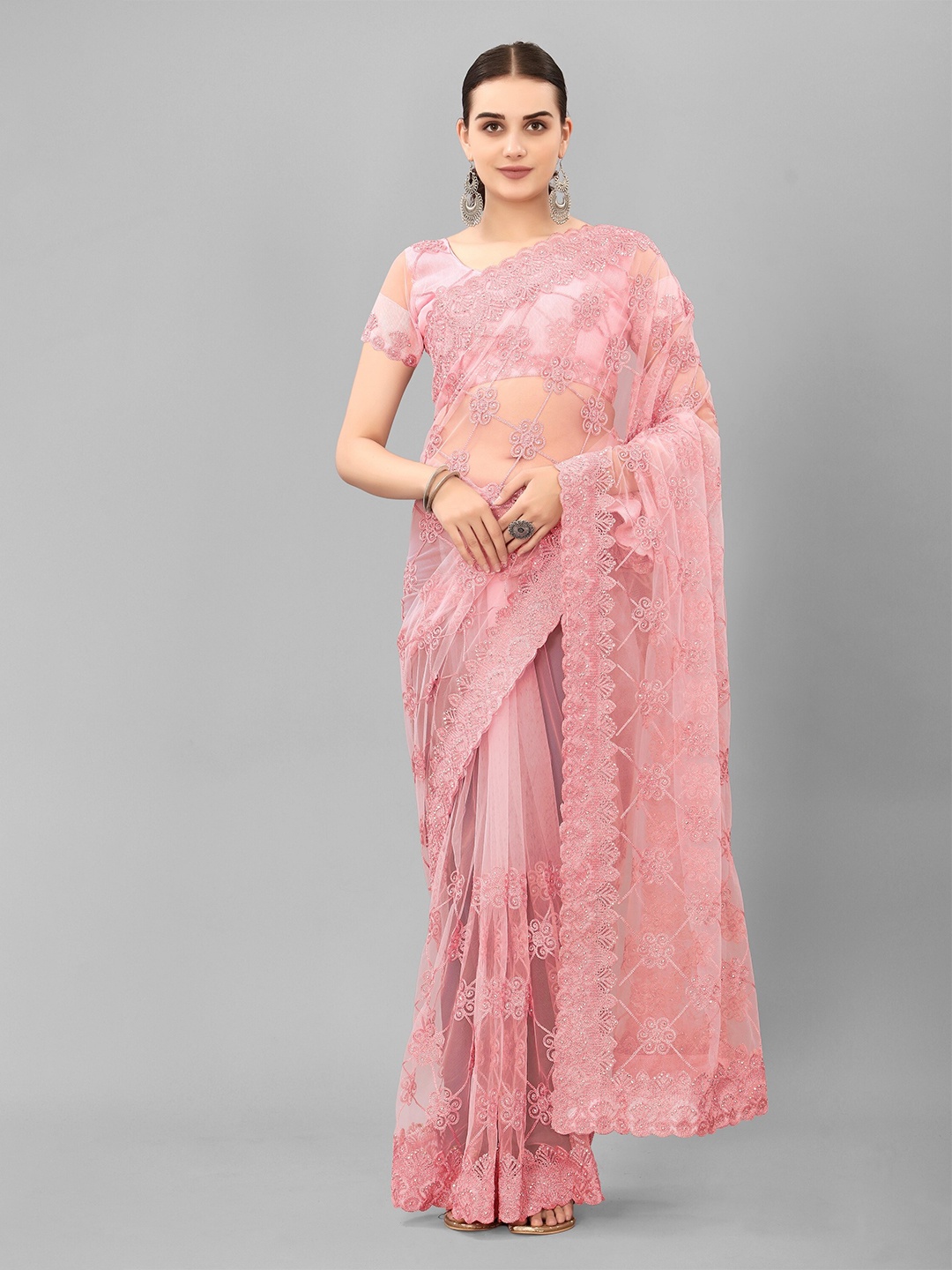 

JSItaliya Embellished Embroidered Net Saree, Pink