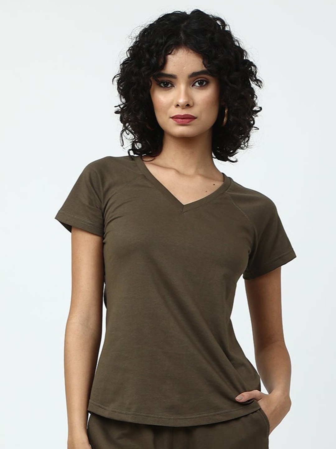 

Saltpetre Women Olive Green V-Neck Organic Cotton T-shirt